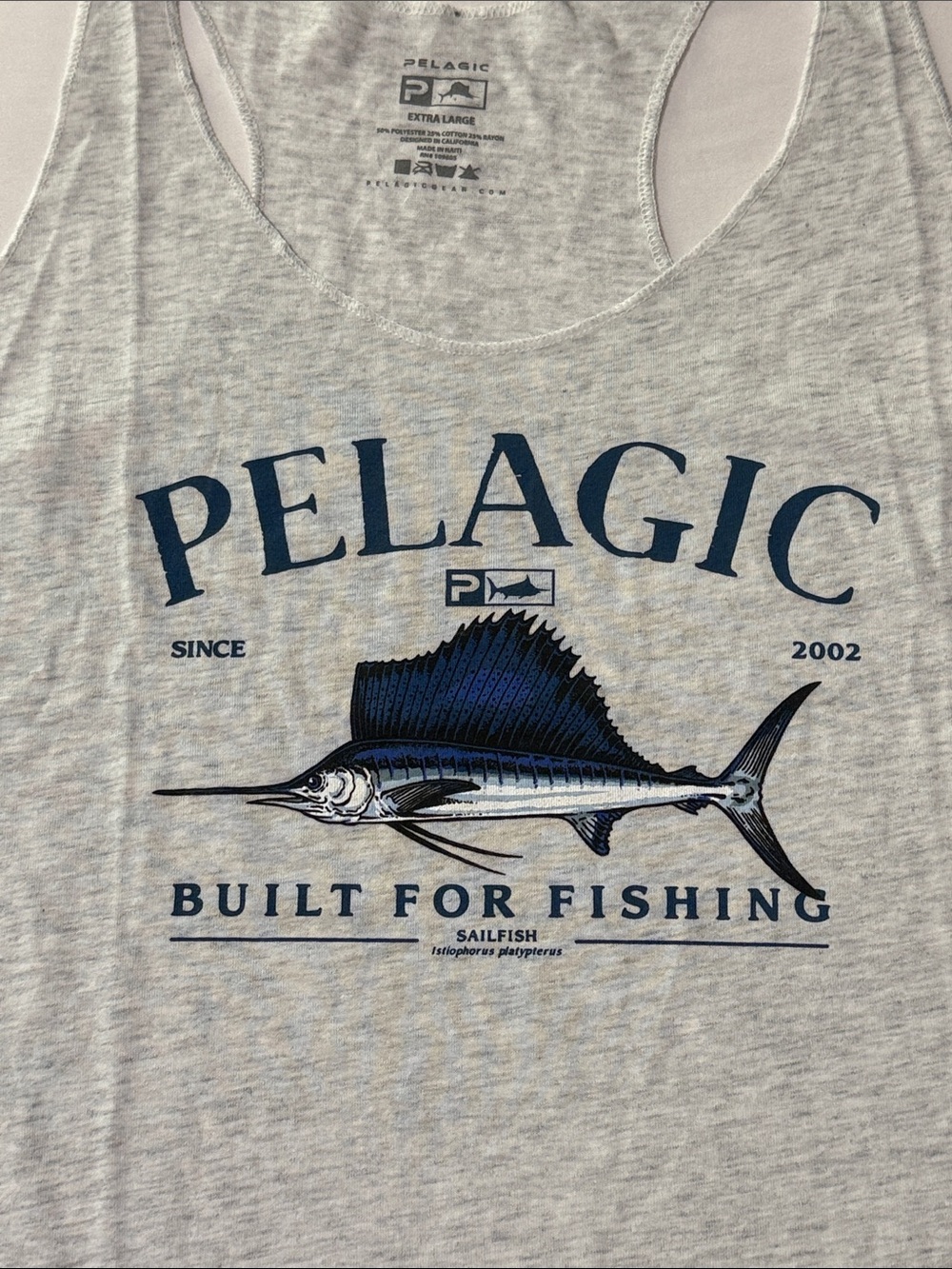 Pelagic Light Heather Gray Tank with Navy Sailfish Graphic Size XL NWT - Picture 3 of 6
